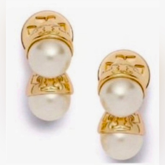 🆕 Tory Burch Authentic Unique Double Pearl With Logo Stud Earrings - Picture 6 of 9